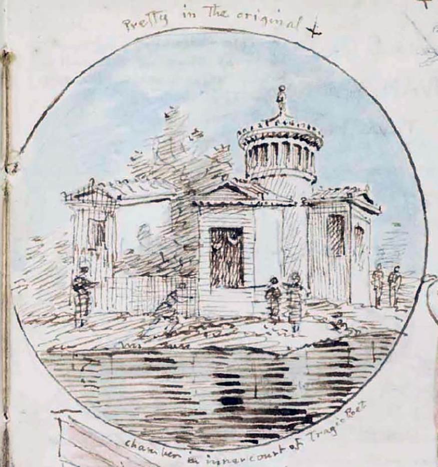 VI.8.3 Pompeii. c.1830. Drawing of medallion with building by Gell from his sketchbook, in which he wrote –
“Pretty in the original, chamber in inner court of Tragic Poet”.
See Gell, W. Sketchbook of Pompeii, c.1830.
See book from Van Der Poel Campanian Collection on Getty website http://hdl.handle.net/10020/2002m16b425