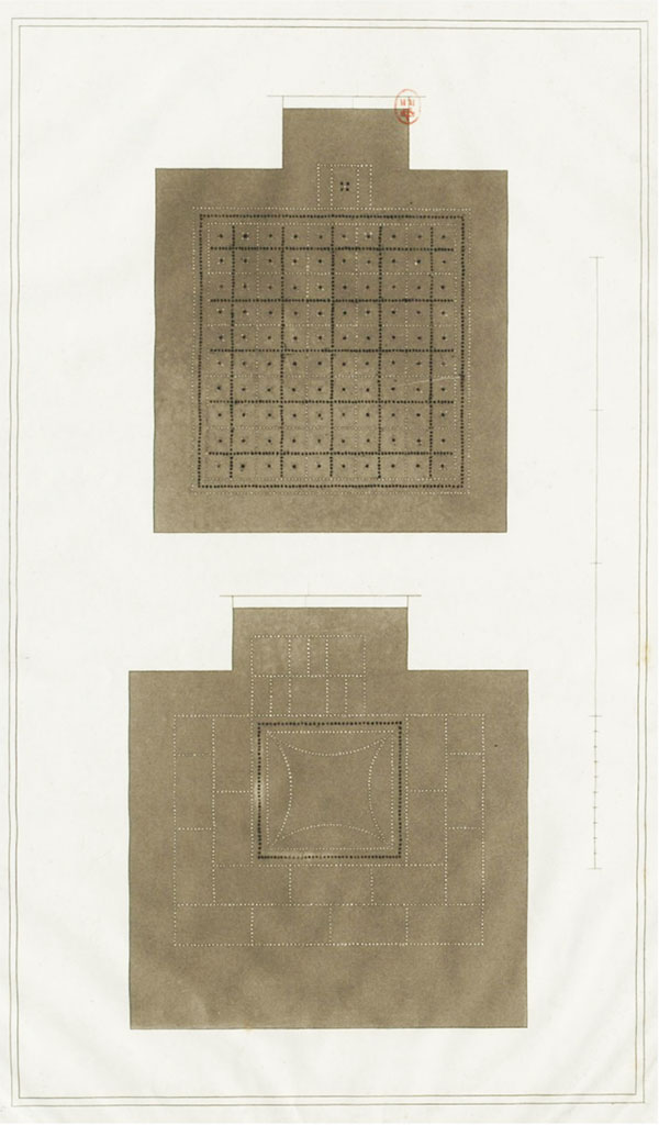 VI.8.3/5 Pompeii. c.1828. Drawings if details of mosaic floors, upper – from room 16, lower – from room 15.
See Raoul Rochette et Bouchet J., 1828. Choix d'Edifices Inédits : Maison du Poète Tragique. Paris, pl 21. Mosaique des pieces marque 14 et 15 sur le plan
