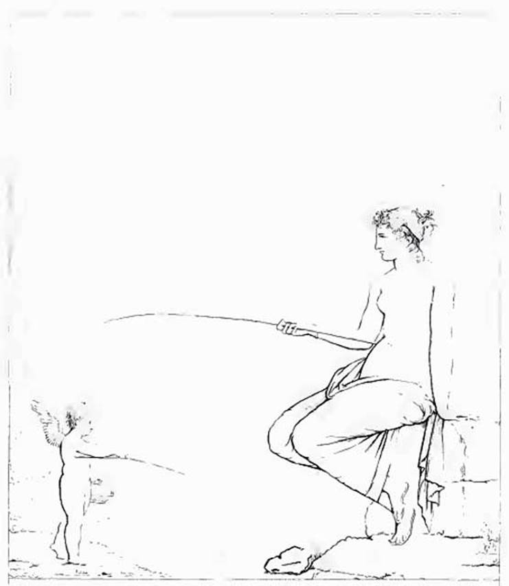 VI.8.3 Pompeii. Room 15, drawing of painting of Venus and cupid fishing, from north wall.
See Real Museo Borbonico, IV, tav.4.