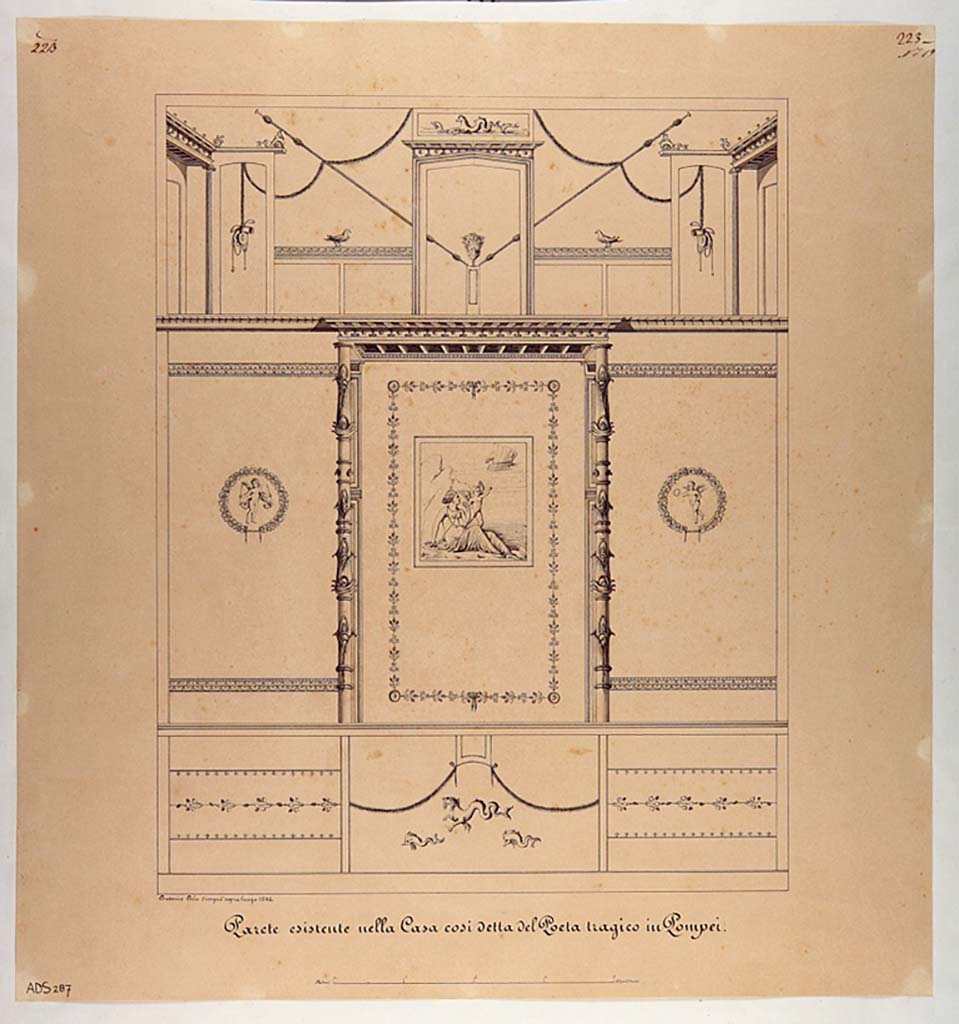 VI.8.3 Pompeii. Room 15, south wall. Pen and ink drawing by Antonio Ala, 1846, showing south wall with central painting of Ariadne abandoned.
Now in Naples Archaeological Museum. Inventory number ADS 287.
Photo © ICCD. http://www.catalogo.beniculturali.it
Utilizzabili alle condizioni della licenza Attribuzione - Non commerciale - Condividi allo stesso modo 2.5 Italia (CC BY-NC-SA 2.5 IT)