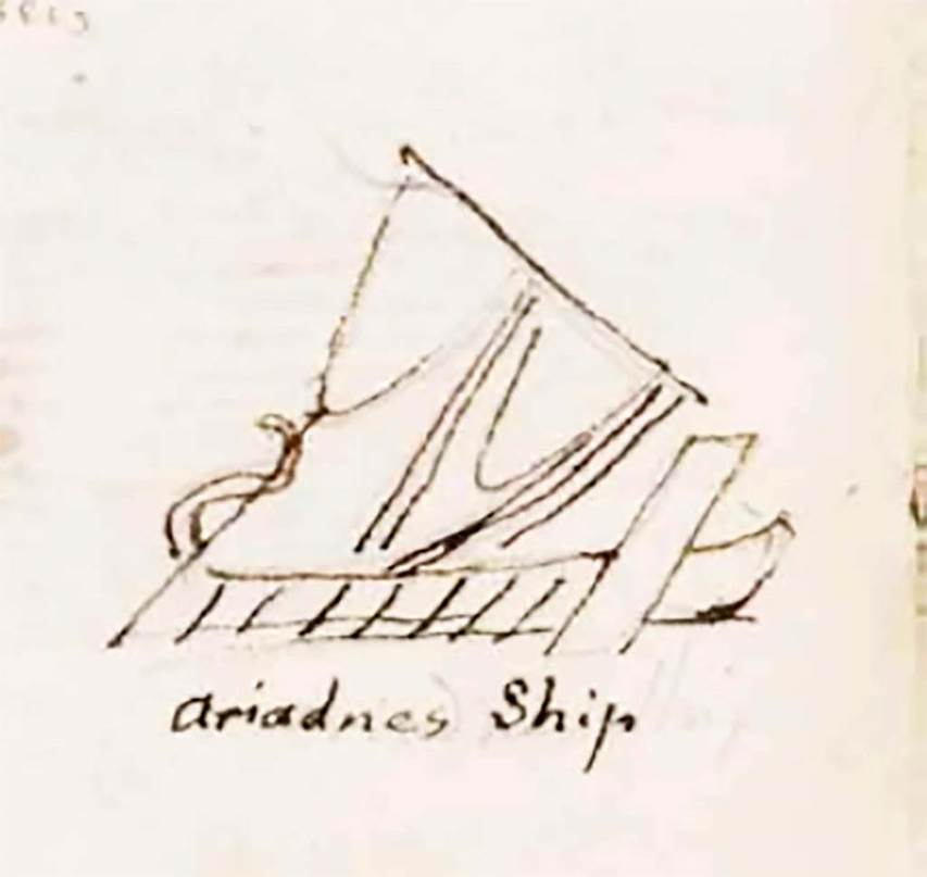 VI.8.3 Pompeii. c.1830. Drawing by Gell of Ariadne’s ship, detail from central painting on south wall of Room 15.
See Gell, W. Sketchbook of Pompeii, c.1830.
See book from Van Der Poel Campanian Collection on Getty website http://hdl.handle.net/10020/2002m16b425
