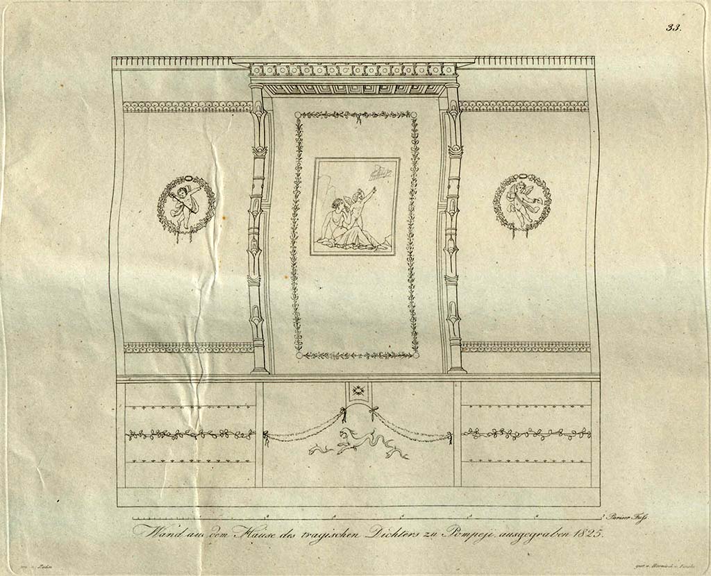VI.8.3/5 Pompeii. c.1828. Room 15, drawing by Zahn showing south wall with central painting of Ariadne abandoned.
See Zahn, W., 1828. Die schönsten Ornamente und merkwürdigsten Gemälde aus Pompeji, Herkulanum und Stabiae: I. Berlin: Reimer. (Taf. 33)
