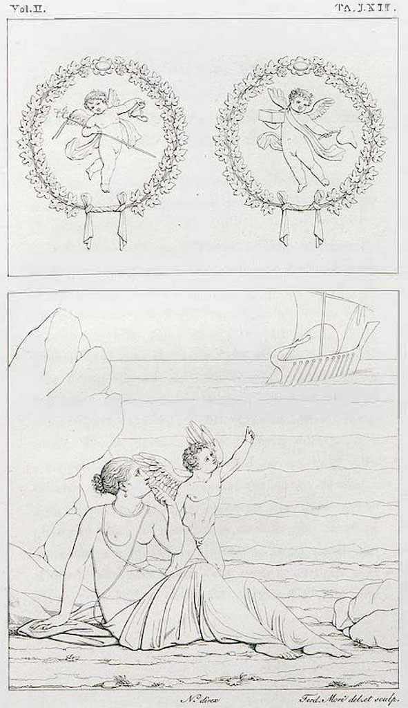 VI.8.3/5 Pompeii. 1825.
Room 15, drawings by Ferdinando Mori of central painting of Ariadne abandoned, and details of cupids set in medallions surrounded by garlands, from side panels.
See Real Museo Borbonico, Vol. II, 1825, Tav. LXII.