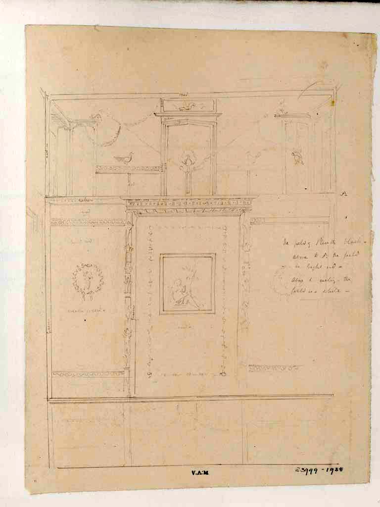 VI.8.3 Pompeii, c.1840. Drawing by James William Wild.
Room 15, showing south wall with central painting of Ariadne abandoned, and cupids set in medallions surrounded by garlands, in side panels.
Photo © Victoria and Albert Museum, inventory number E.3999-1938.