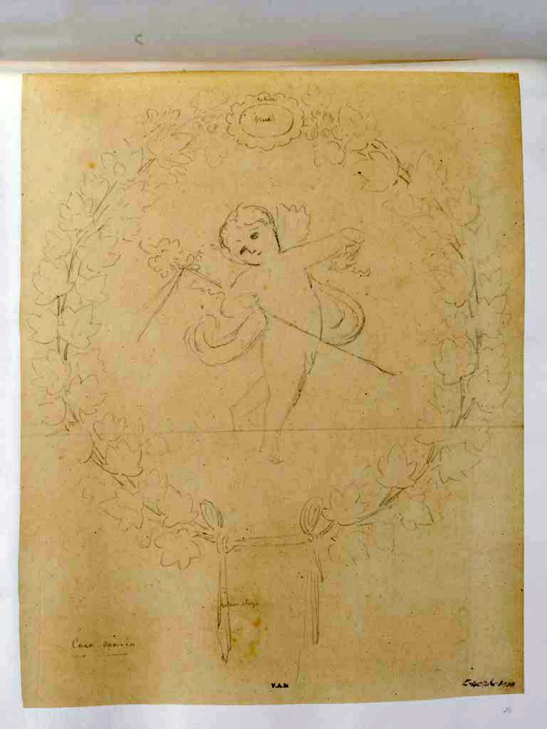 VI.8.3 Pompeii, c.1840. Drawing by James William Wild. Casa Omerica.
Room 15, medallion with cupid with thyrsus, surrounded by garlands, from side panel.
Photo © Victoria and Albert Museum, inventory number E.4026-1938.