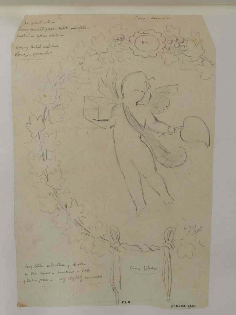 VI.8.3 Pompeii, c.1840. Drawing by James William Wild. Casa Omerica.
Room 15, medallion with cupid with box, surrounded by garlands, from side panel.
Photo © Victoria and Albert Museum, inventory number E.4028-1938.