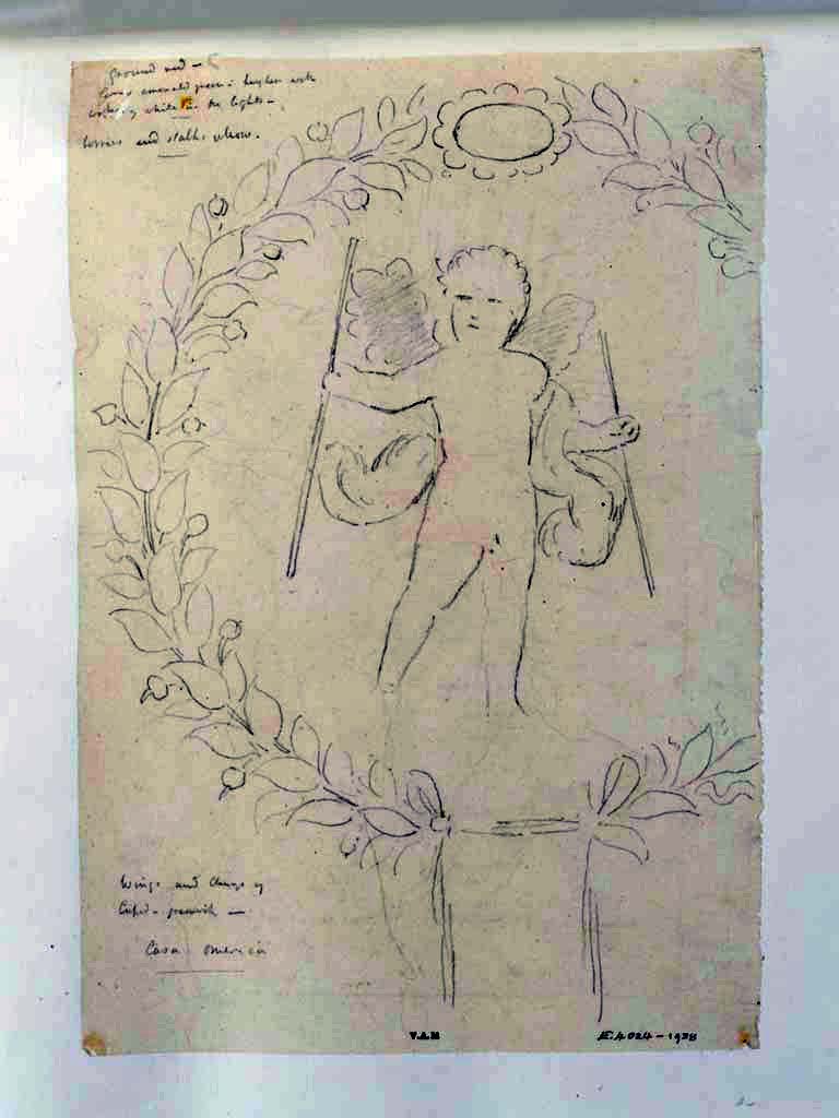 VI.8.3 Pompeii, c.1840. Drawing by James William Wild. Casa Omerica.
Room 15, medallion with cupid with two sticks, surrounded by garlands, from side panel.
Photo © Victoria and Albert Museum, inventory number E.4024-1938.