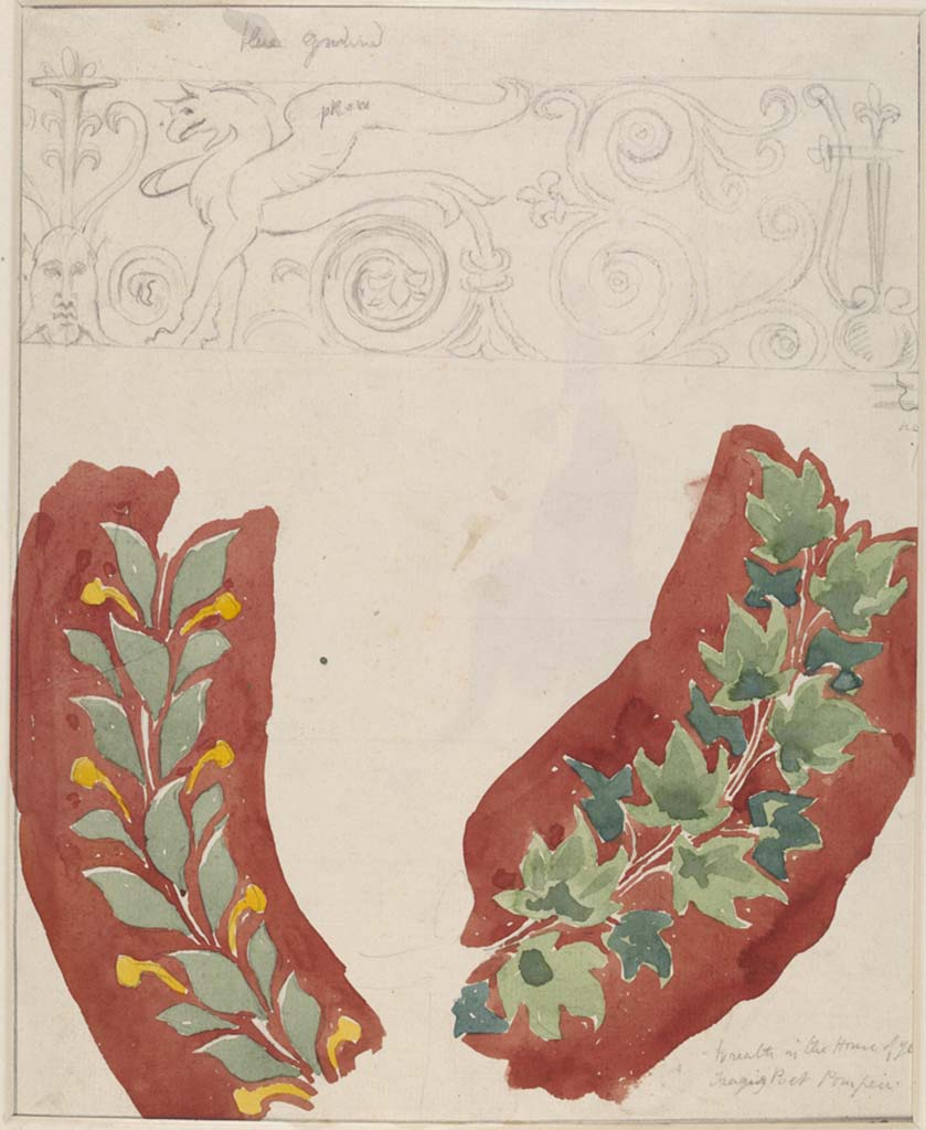 VI.8.3 Pompeii, c.1870’s?.
Room 15, painting by Sydney Vacher showing detail of garlands surrounding the medallions with cupids.
The pencil drawing at the top has not yet been identified, and may not be from this room.
Photo © Victoria and Albert Museum, inventory number E.4429-1910.