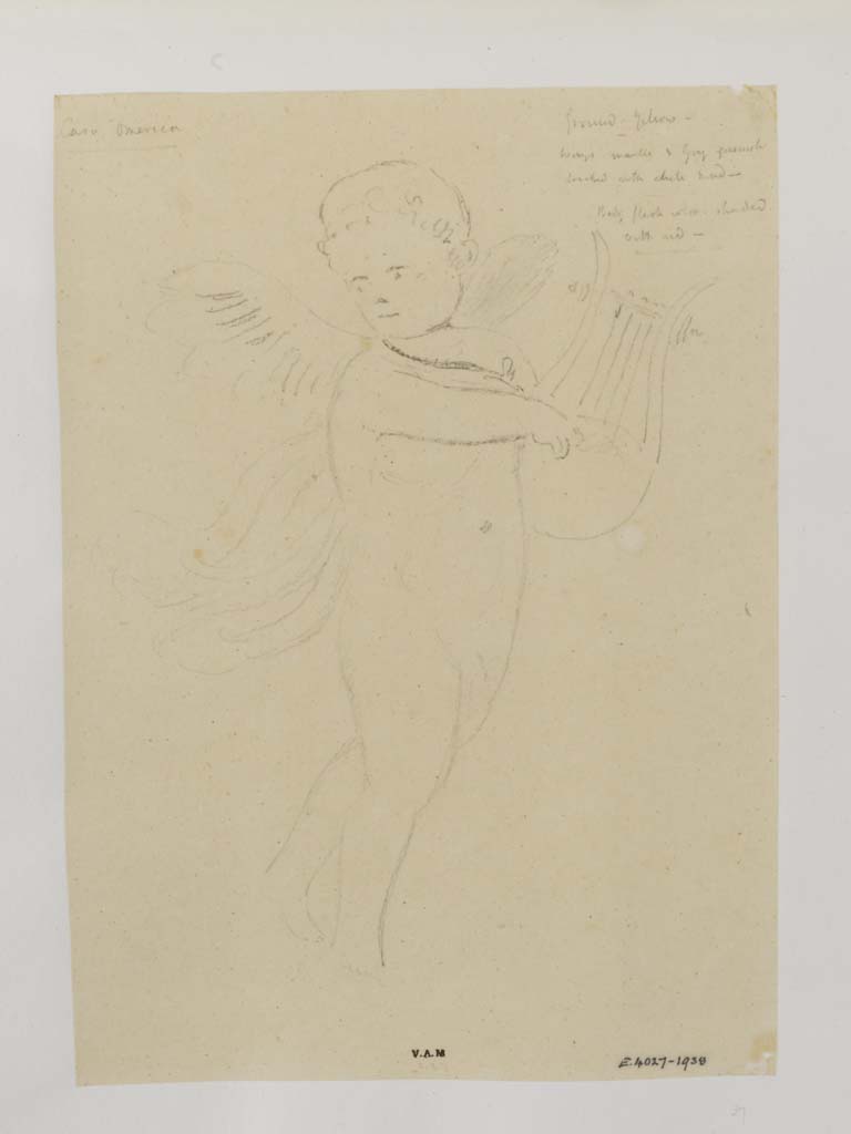 VI.8.3 Pompeii, c.1840. Casa Omerica. Drawing of a cupid with lyre by James William Wild perhaps from a side panel in room 15.
Photo © Victoria and Albert Museum, inventory number E.4027-1938.
According to PPM, in room 14 (which is our room 15) were at least another three medallions edged with garlands containing cupids.
(Note - These may or may not be the same ones, as they were not drawn edged with garlands, but they do come from this house.)
Two were on the west wall and at least one on the east wall, south side of doorway, these had all become unrecognisable.
The two in the side panels of the south wall had been drawn by artists, at the time.
The side panels of the north wall would seem to have contained vignettes.
See Carratelli, G. P., 1990-2003. Pompei: Pitture e Mosaici. Roma: Istituto della enciclopedia italiana, 4, (p.560-564).
