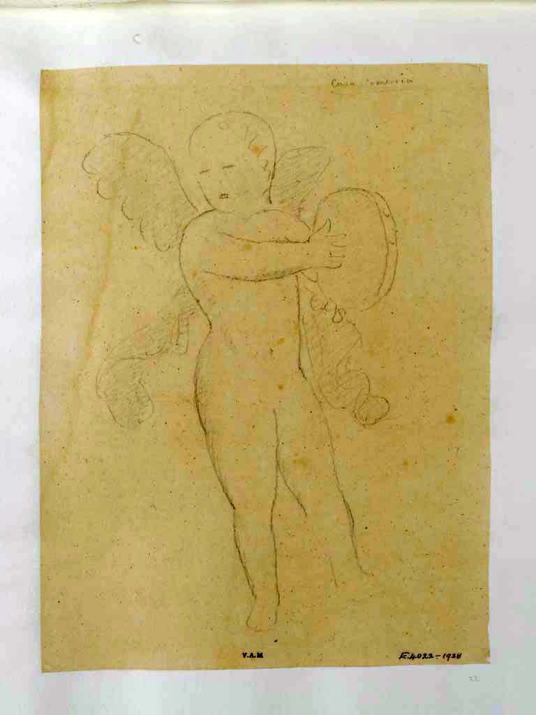 VI.8.3 Pompeii, c.1840. Casa Omerica. Drawing of a cupid with tambourine by James William Wild, perhaps from a side panel in room 15. (see above)
Photo © Victoria and Albert Museum, inventory number E.4022-1938.