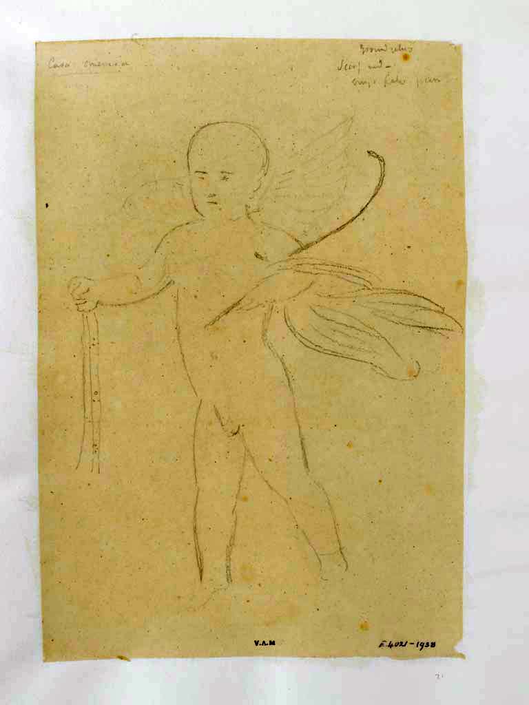 VI.8.3 Pompeii, c.1840. Casa Omerica. Drawing of a cupid with curved crook by James William Wild, perhaps from a side panel in room 15. (see above)
Photo © Victoria and Albert Museum, inventory number E.4021-1938.