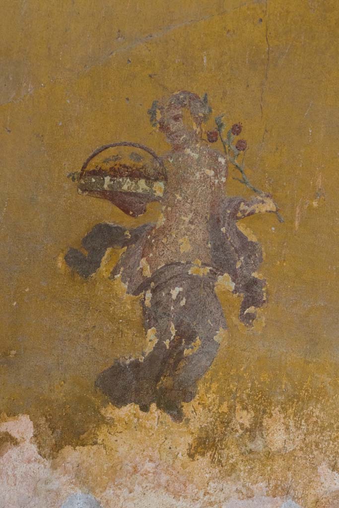 VI.8.3/5 Pompeii. April 2022. 
Room 12, figure in panel at north end of east wall of dining room. Photo courtesy of Johannes Eber.
