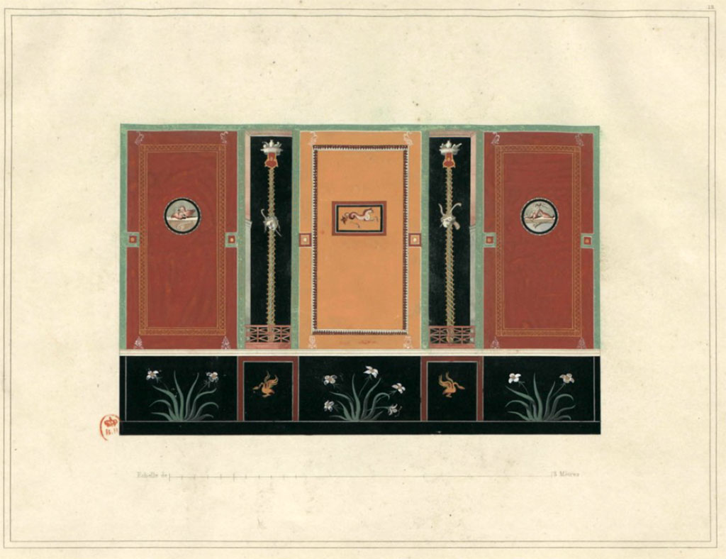 VI.8.3/5 Pompeii. c.1828. Room 14, painted wall.
See Raoul Rochette et Bouchet J., 1828. Choix d'Edifices Inédits : Maison du Poète Tragique. Paris, pl 12. (Chambre 21).