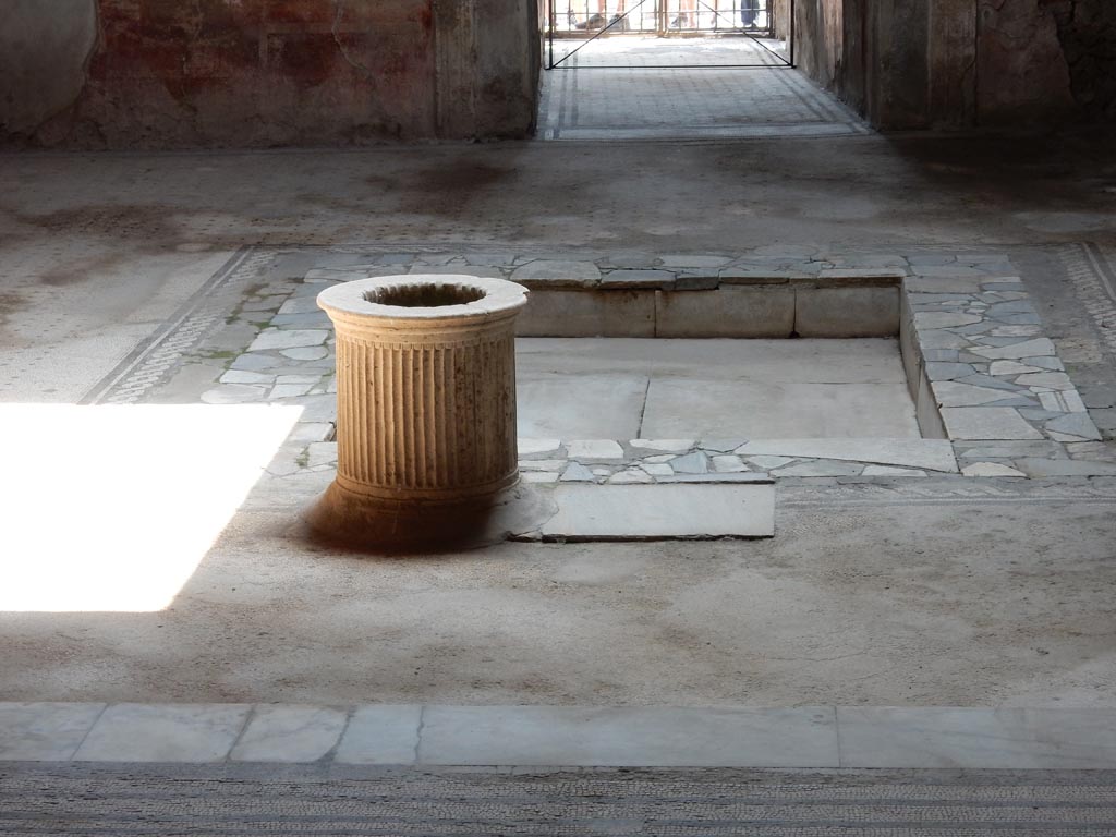 VI.8.3/5 Pompeii. May 2015.
Looking south towards across impluvium in atrium towards entrance corridor to VI.8.5. Photo courtesy of Buzz Ferebee.