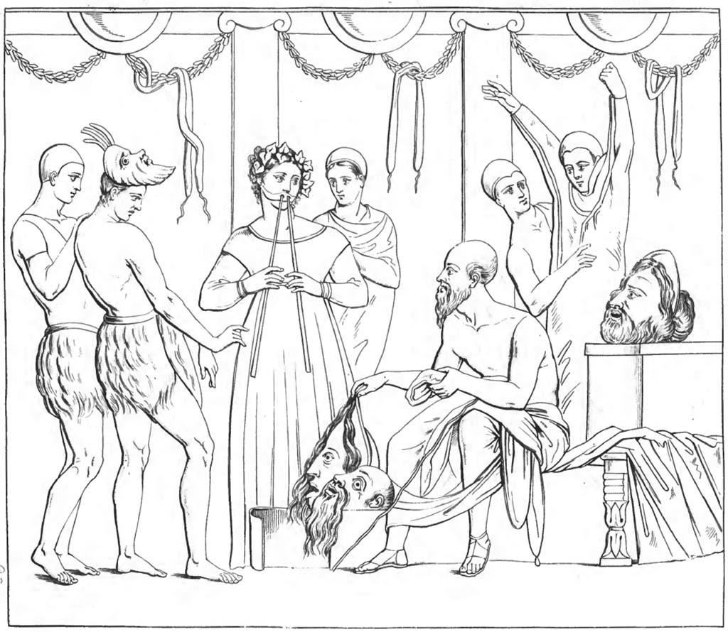 VI.8.3/5 Pompeii. Pre-1843. Drawing by Abbate of mosaic emblema in centre of tablinum floor.
Now in Naples Archaeological Museum. Inventory number 9986.
See Raccolta de più interessante Dipinture e di più belle Musaici rinvenuti negli Scavi di Ercolano, di Pompei, e di Stabia. 1843. Napoli, p. 221/260.