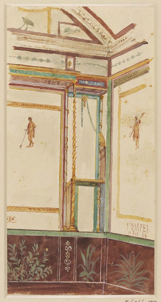 VI.8.3/5 Pompeii. 10th September (18)76.
Watercolour by Luigi Bazzani, preliminary study of painted wall-decoration in the 'House of the Tragic Poet' at Pompeii.
Photo © Victoria and Albert Museum. Inventory number 2034-1900.
(Note: Although this painting is described as from this house, we have been unable to locate a likely area.
According to the cross-section below, the front of the house (VI.8.5) seemed to have red zoccolos, the rear section (VI.8.3) appeared to have black ones).