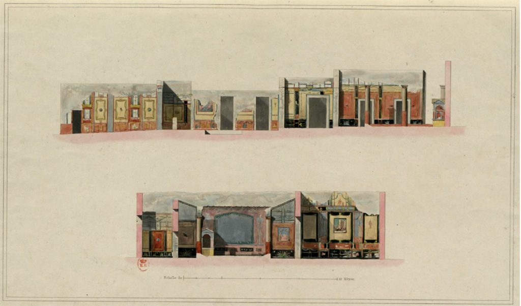 VI.8.3/5 Pompeii.c.1828.
Top - Cross section from entrance fauces, on left, towards lararium against the north wall, on right.
Bottom – Cross section across the north wall.
See Raoul Rochette et Bouchet J., 1828. Choix d'Edifices Inédits : Maison du Poète Tragique. Paris, pl 2.