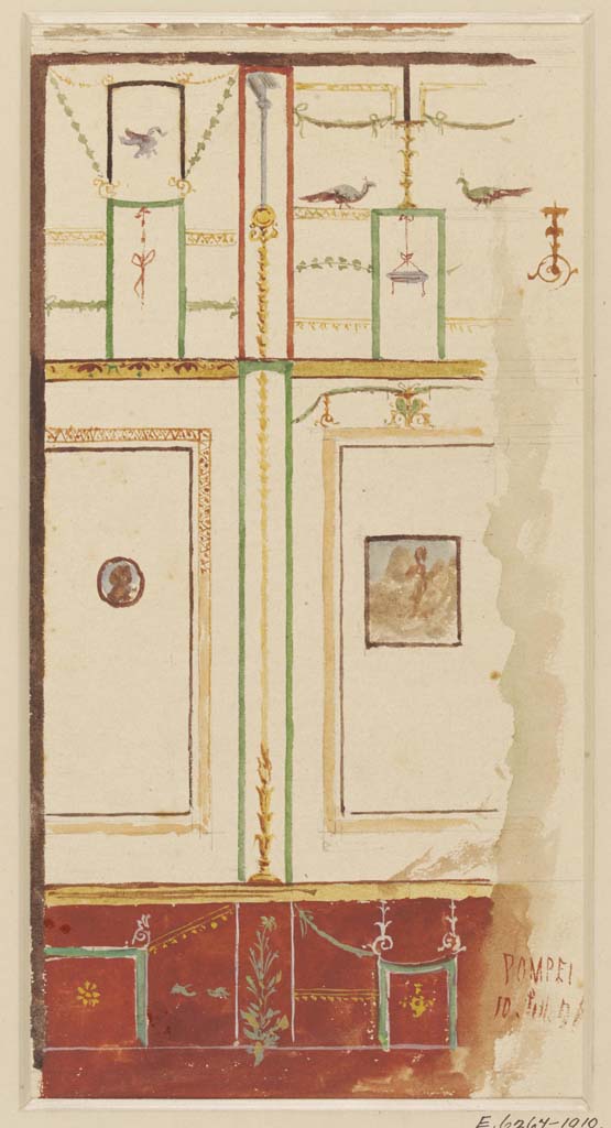 VI.8.3/5 Pompeii. 10th September (18)76.
Watercolour by Luigi Bazzani, preliminary study of painted wall-decoration in the 'House of the Tragic Poet' at Pompeii.
Photo © Victoria and Albert Museum. Inventory number 2034-1900.
(Note: Although this painting is described as from this house, we have been unable to locate a likely area.
It may have been from “our” rooms 10, 8, or Ala 4
According to the cross-section above, the front of the house (VI.8.5) seemed to have red zoccolos, the rear section (VI.8.3) appeared to have black ones).