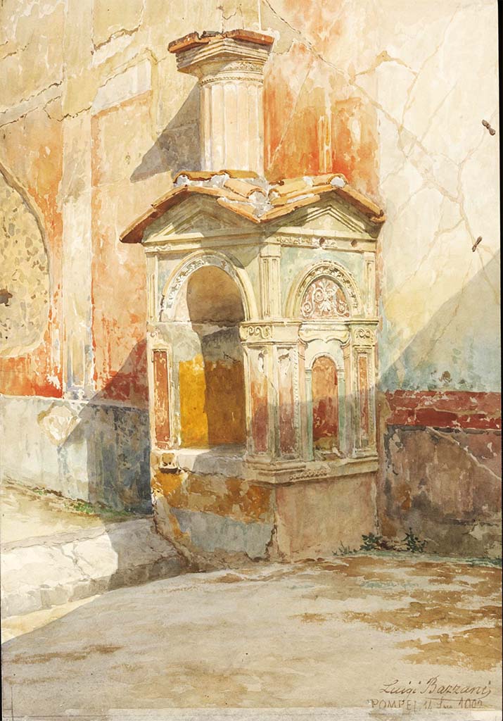 VI.8.3 Pompeii. 14th July 1902. Watercolour by Luigi Bazzani.
Looking north-west across peristyle towards lararium.
Photo © Victoria and Albert Museum, inventory number D.1821-1904.
