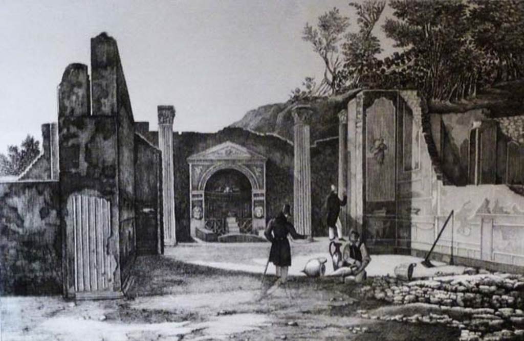 VI.8.22 Pompeii. About 1845. Old drawing looking west through the tablinum to the large fountain.
On the left is an oecus with a doorway in the south wall of the tablinum, at its west end.
See Zuccagni Orlandini, A., 1845. Atlante Illustrativo ossia raccolta dei principali monumenti italiani antichi, del medioevo e moderni e di alcune vedute pittoriche: Vol III: Regno delle due Sicilie. Firenze, Tav. XXII, n.2.