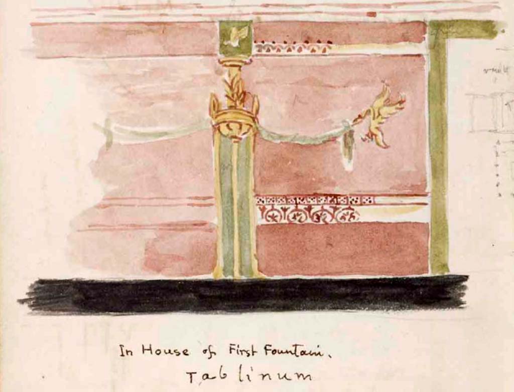 VI.8.22 Pompeii. c.1830. Painting by Gell of decoration in the tablinum.
See Gell, W. Sketchbook of Pompeii, c.1830.
See book from Van Der Poel Campanian Collection on Getty website http://hdl.handle.net/10020/2002m16b425