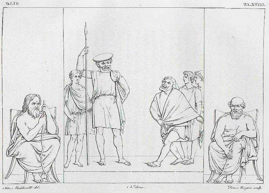 VI.8.22 Pompeii. Pre 1827. “The Comedy” found in the triclinium.
See Real Museo Borbonico, vol. IV, 1827, pl. XVIII.