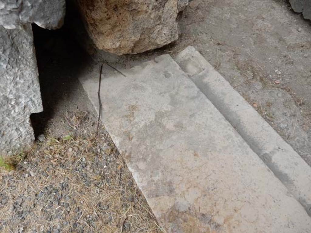 VI.8.22 Pompeii. May 2017. Room 18, west end of threshold of doorway. Photo courtesy of Buzz Ferebee.