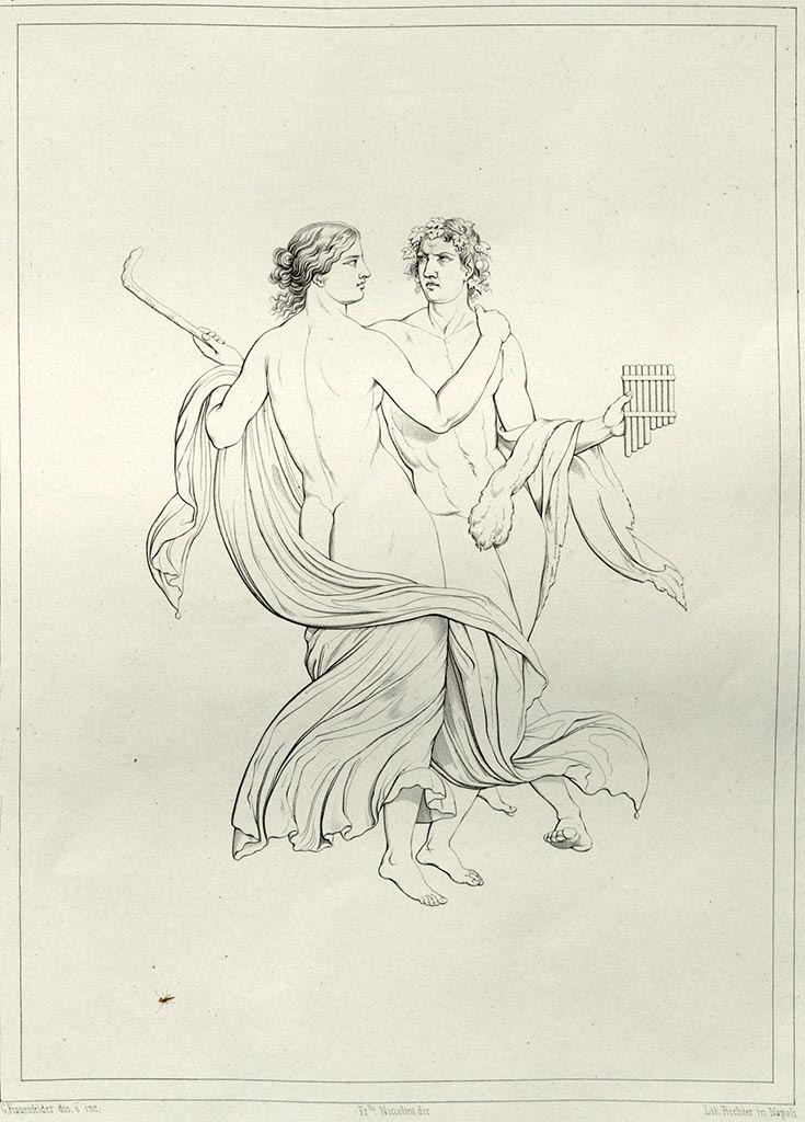 VI.8.23 Pompeii.
Drawing by Niccolini of “flying figures”, Bacchante and Faun, with pedum and pan pipes, painted on a red background on a wall in the atrium.
See Niccolini, F., 1854. Le Case ed i Monumenti di Pompei: Book 1, (Tav. II).
