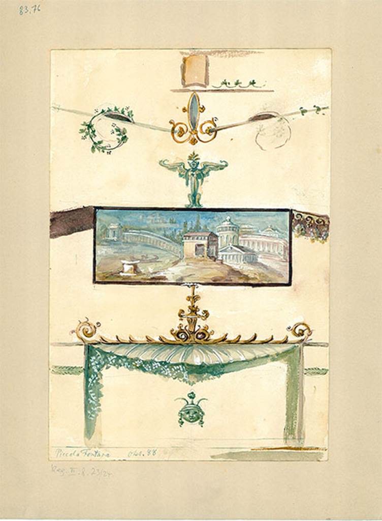 VI.8.23 Pompeii. 1888 watercolour copy of painted panel with architectural scene, from upper north wall of cubiculum at east end.
DAIR 83.76. Photo © Deutsches Archäologisches Institut, Abteilung Rom, Arkiv.
See http://arachne.uni-koeln.de/item/marbilder/5022250