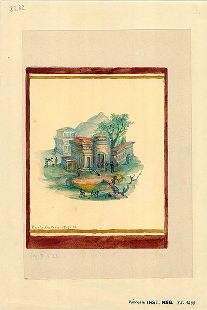 VI.8.23 Pompeii. 1885 watercolour copy of architectural landscape with houses or temple, from centre of north wall.
DAIR 83.82. Photo © Deutsches Archäologisches Institut, Abteilung Rom, Arkiv.
See http://arachne.uni-koeln.de/item/marbilder/5022256
