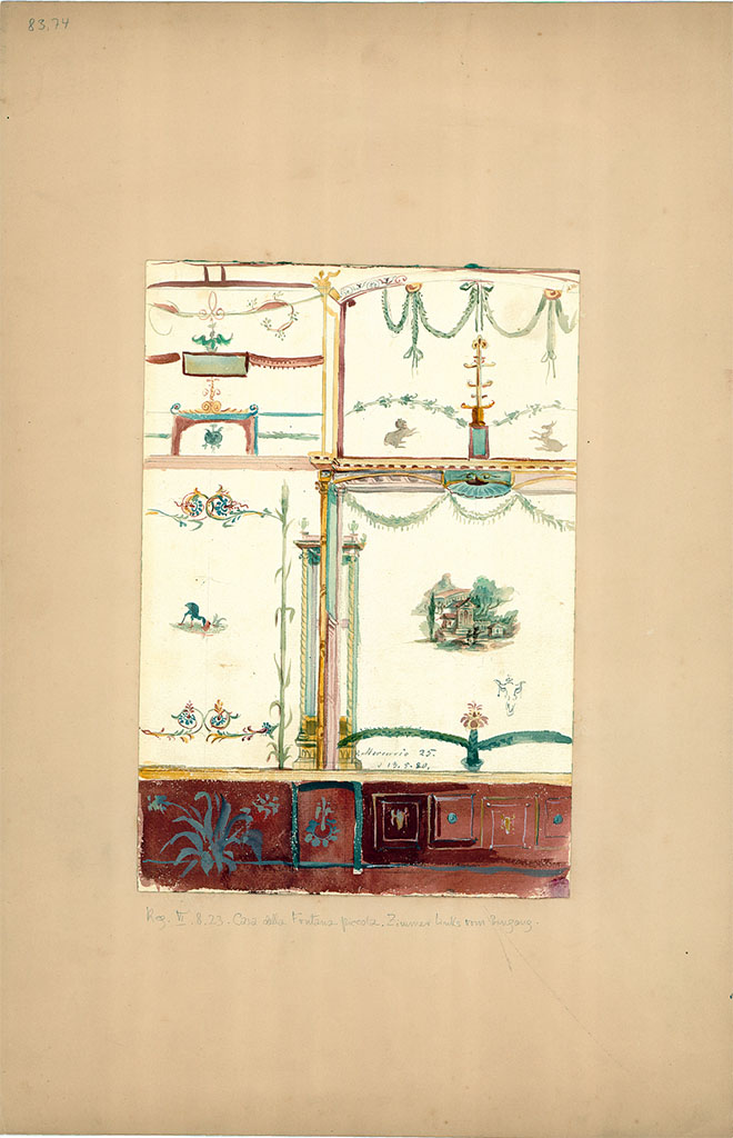 VI.8.23 Pompeii. May 1880 watercolour copy of painted south wall in cubiculum, with central architectural scene.
The painted panel, on the left, would appear to be from the north side of the east wall of the cubiculum.
DAIR 83.74. Photo © Deutsches Archäologisches Institut, Abteilung Rom, Arkiv.