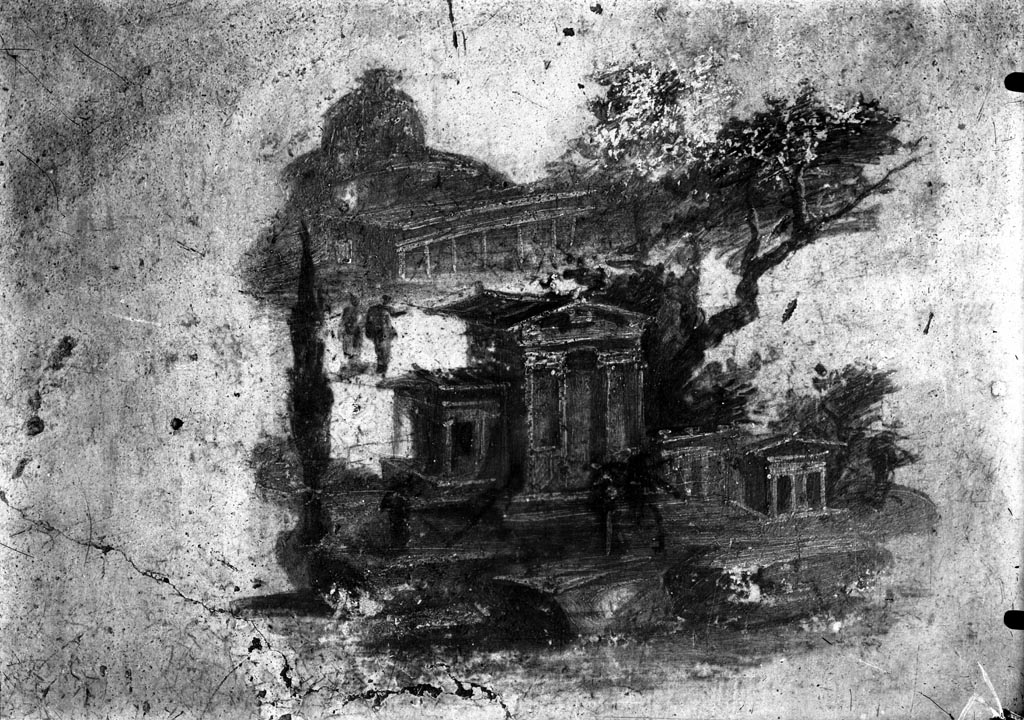 VI.8.23 Pompeii. W.404. Wall painting of architectural landscape with houses or temples and tree, from centre of south wall.
Photo by Tatiana Warscher. Photo © Deutsches Archäologisches Institut, Abteilung Rom, Arkiv.