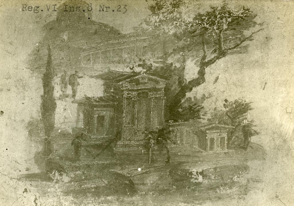 VI.8.23 Pompeii. Pre-1937-39. Wall painting of sacred landscape with houses or temples and tree, from centre of south wall.
Photo courtesy of American Academy in Rome, Photographic Archive. Warsher collection no. 718.