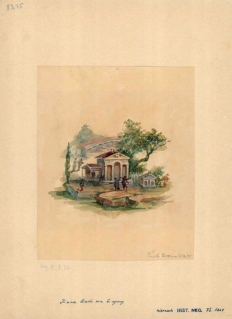 VI.8.23 Pompeii. 1888 watercolour copy of painted architectural scene from south wall of cubiculum.
DAIR 83.75. Photo © Deutsches Archäologisches Institut, Abteilung Rom, Arkiv.
See https://arachne.uni-koeln.de/item/marbilder/5022249