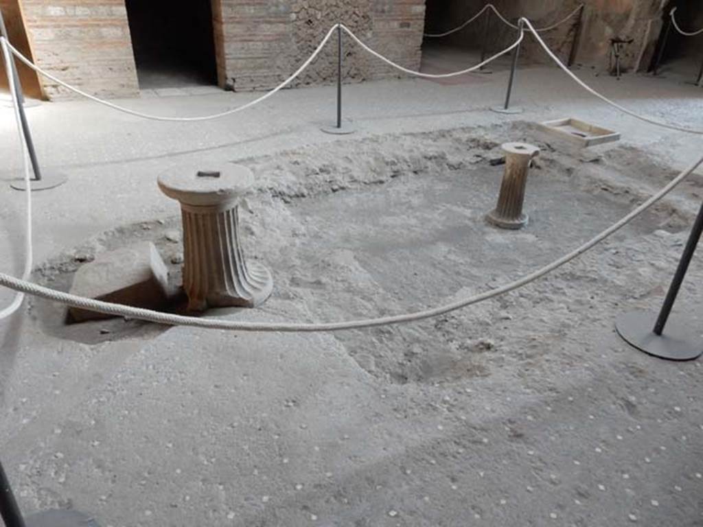 VI.8.23 Pompeii. May 2017. Looking north across impluvium in atrium. Photo courtesy of Buzz Ferebee. The floor of the atrium was made from a fine lavapesta (crushed lava) with regular rows of white tesserae. The edge of the impluvium was missing.
On the west side (left of photo) two channels were carved into the floor, and although they have now been infilled and made level with the flooring, they can just be seen. These would have been used for the drain pipes leading from the garden to the mouth of the cistern and were originally crudely dug into the flooring.
