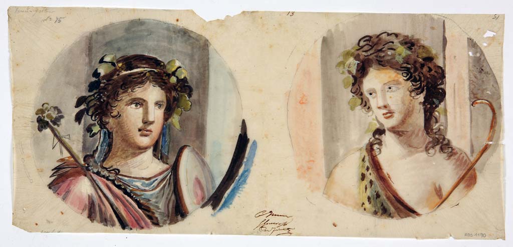 VI.8.23 Pompeii. Two medallions of heads of Maenads from walls of tablinum incorporated into one painting by Giuseppe Marsigli.
The Maenad on the left is described by Helbig (457), and the one on the right (Helbig 458).
Now in Naples Archaeological Museum. Inventory number ADS 1190.
Photo © ICCD. http://www.catalogo.beniculturali.it
Utilizzabili alle condizioni della licenza Attribuzione - Non commerciale - Condividi allo stesso modo 2.5 Italia (CC BY-NC-SA 2.5 IT)