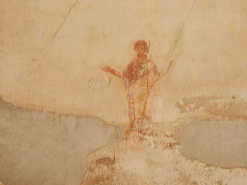 VI.8.23 Pompeii. May 2017. Painted female flying figure wearing a garment and cloak, outstretching her arms and holding a palm branch in the left hand. Photo courtesy of Buzz Ferebee.