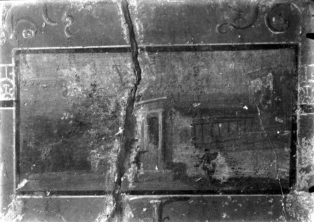 VI.8.23 Pompeii. W.1398. Painted sacred landscape from panel in dado at centre of west wall.
Photo by Tatiana Warscher. Photo © Deutsches Archäologisches Institut, Abteilung Rom, Arkiv.