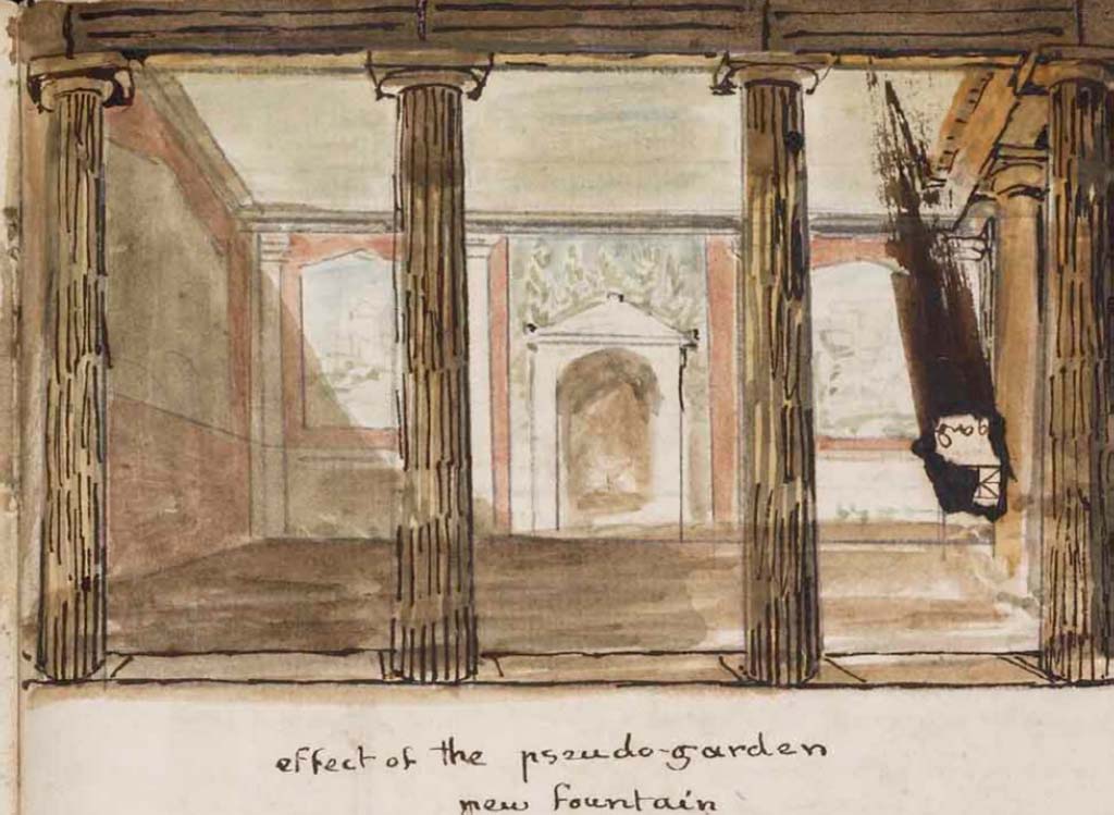 VI.8.23 Pompeii. c.1830. Painting by Gell, looking west across “pseudo-garden” from area of tablinum.
See Gell, W. Sketchbook of Pompeii, c.1830.
See book from Van Der Poel Campanian Collection on Getty website http://hdl.handle.net/10020/2002m16b425