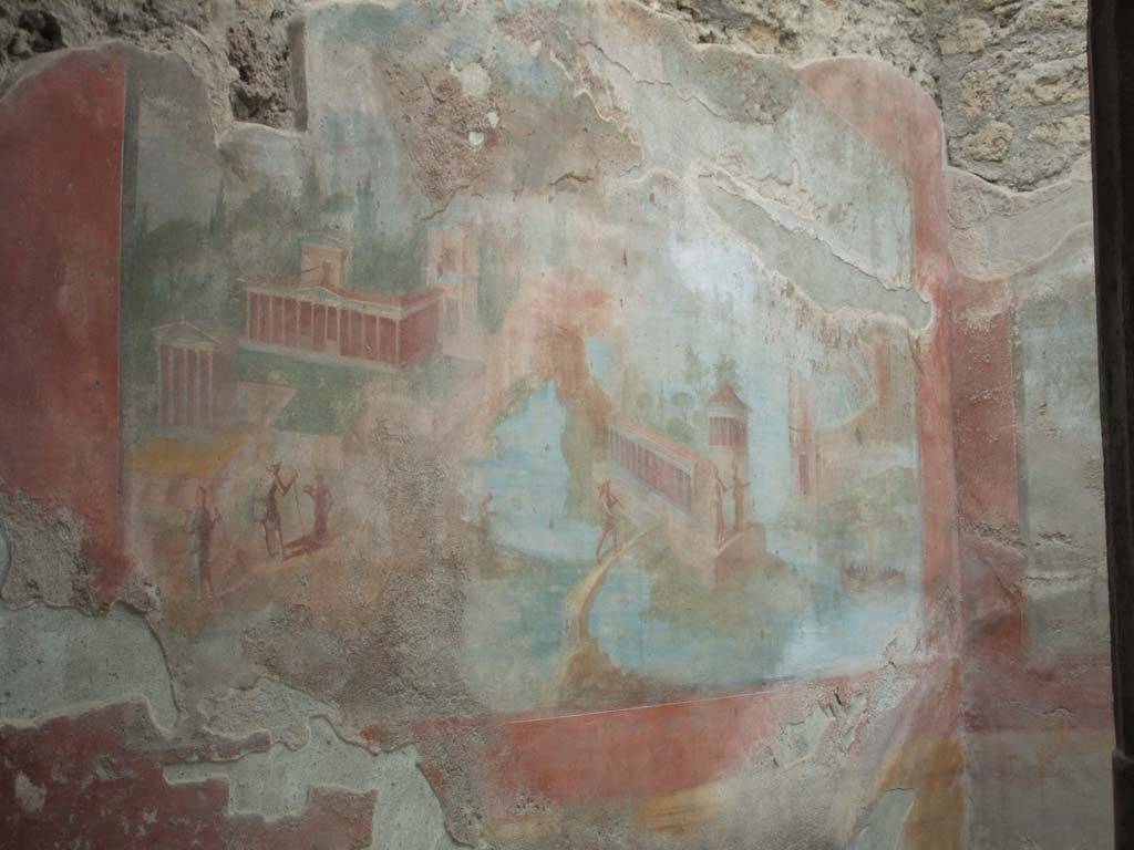 VI.8.23 Pompeii. May 2005. Painted south wall to side of fountain.