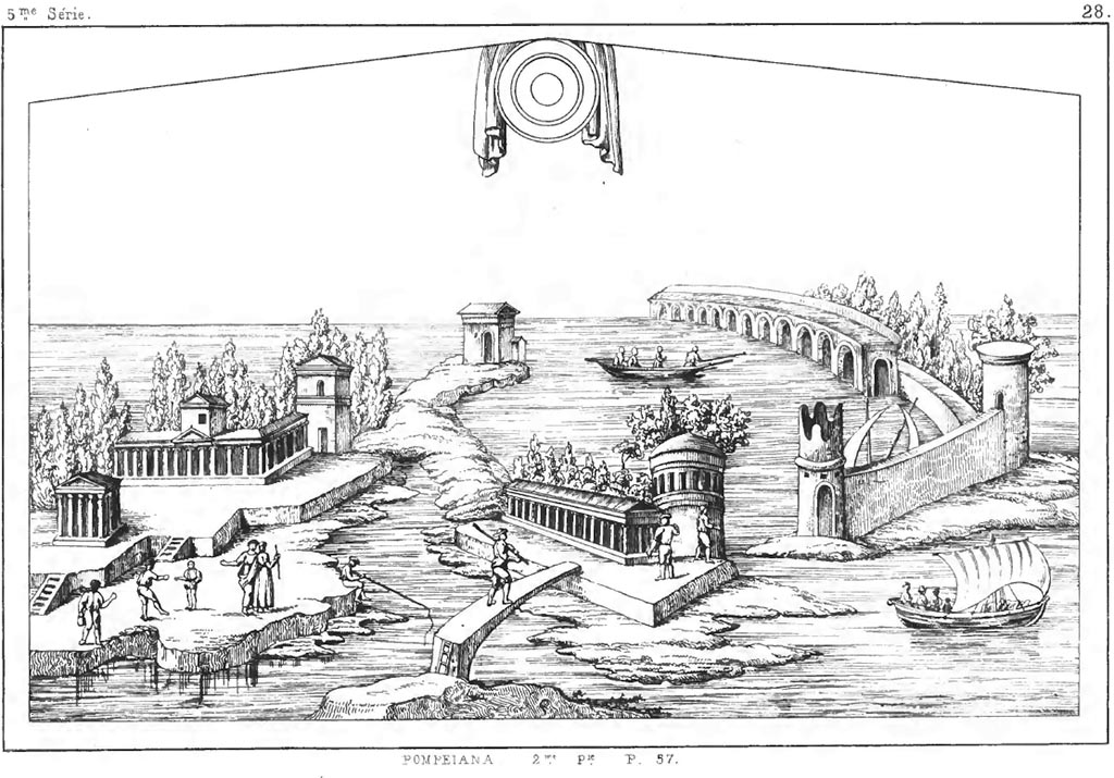 VI.8.23 Pompeii. 1840. Drawing by Roux of painting on south wall of garden area.
See Roux, H., 1840. Herculanem et Pompei recueil général des Peintures, Bronzes, Mosaïques : Tome 3. Paris : Didot. Peintures 5, p.46-47, Planche 28.