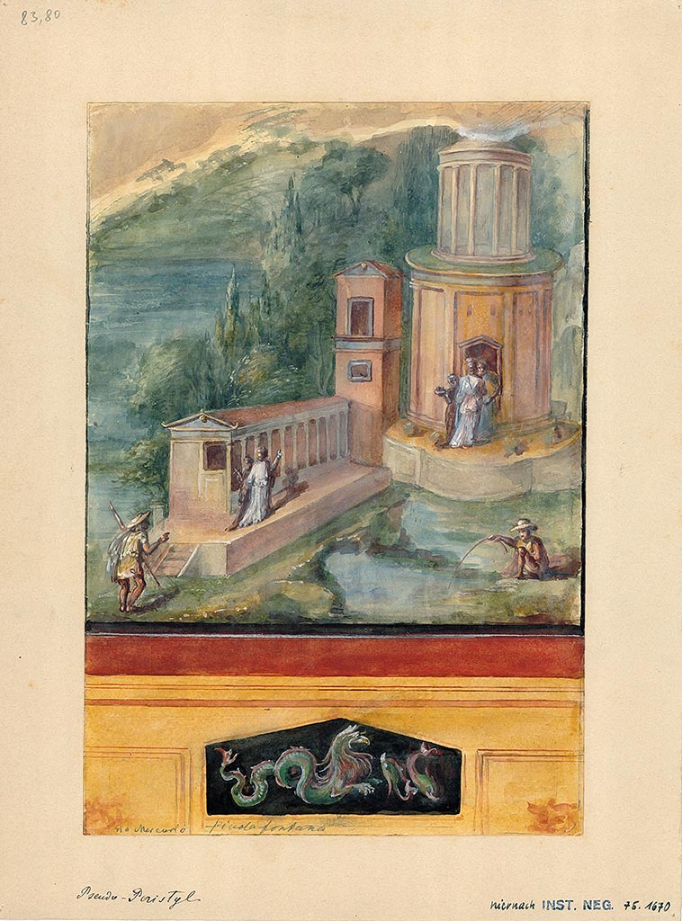 VI.8.23 Pompeii. 19th century watercolour copy of landscape on west wall at the south end.
DAIR 83.80. Photo © Deutsches Archäologisches Institut, Abteilung Rom, Arkiv.
See http://arachne.uni-koeln.de/item/marbilder/5022254