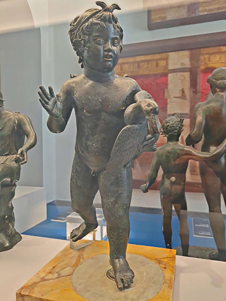 VI.8.23 Pompeii. October 2023.
Bronze fountain figure with goose, inv. 5000. Photo courtesy of Giuseppe Ciaramella.
On display in “L’altra MANN” exhibition, October 2023, at Naples Archaeological Museum.
According to Carrella –
“Fungevano da versatoi una maschera comica in marmo collocata al centro dell’abside, e, stante su di una colonnina del bacino, un putto in bronzo con oca dal becco del quale usciva l’acqua.”
(trans: “Acting as water-pourers were a marble comic mask placed in the centre of the apse, and, standing on a column in the basin, was a bronze Cupid holding a goose, from which the water came out of its beak.”)
See Marmora Pompeiana nel Museo Archeologico Nazionale di Napoli: Studi della SAP 26, (p.85).