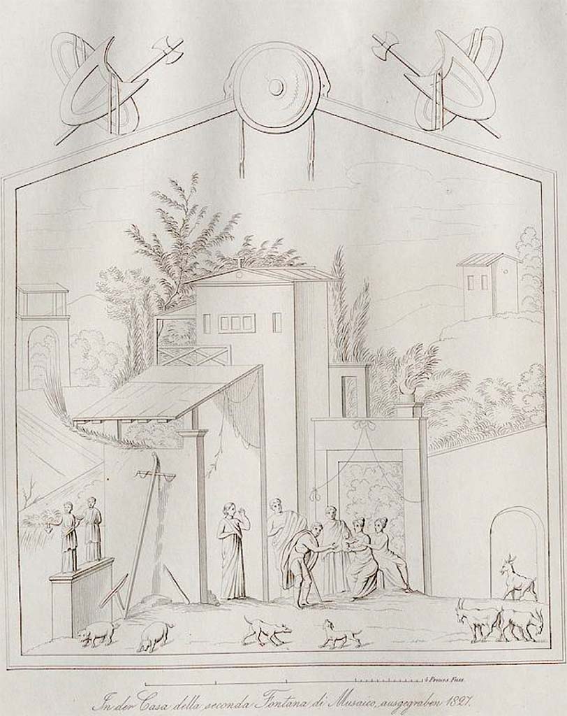 VI.8.23 Pompeii. Pre-October 1852. Drawing by Zahn from west wall on north side of fountain.
Zahn described it as “appears to be a farmhouse with many figures and farm animals”.
See Zahn, W., 1852. Die schönsten Ornamente und merkwürdigsten Gemälde aus Pompeji, Herkulanum und Stabiae: III. Berlin: Reimer, (Pl.48).