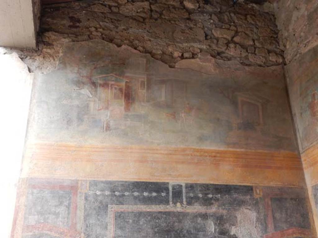 VI.8.23 Pompeii. May 2017. Painted sacred landscape from upper west wall of north portico of garden area. Photo courtesy of Buzz Ferebee.