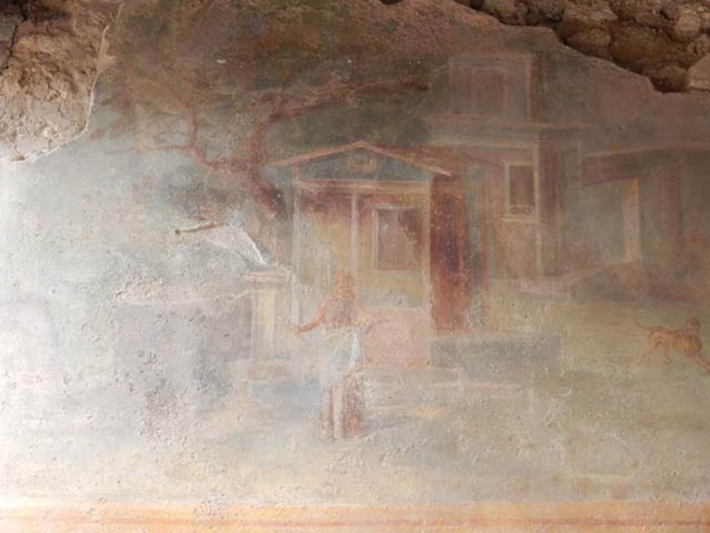 VI.8.23 Pompeii. May 2017. Detail from sacred landscape, a tree on the left of a sanctuary, in front of which is a female figure probably a priestess. Photo courtesy of Buzz Ferebee.