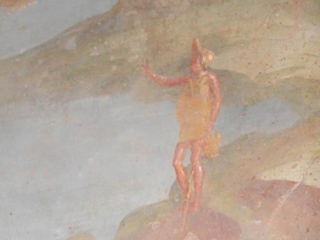 VI.8.23 Pompeii. May 2017. Detail of the fisherman holding out his right arm, and holding a bucket and fishing rod in his left hand, from the west side of river landscape on upper north wall of portico. Photo courtesy of Buzz Ferebee.