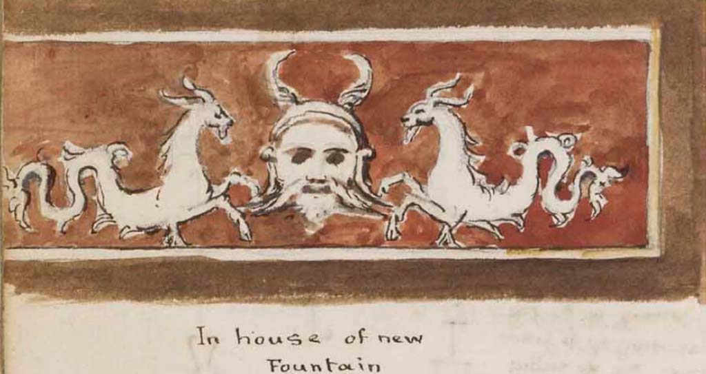 VI.8.23 Pompeii. c.1830. Painting by Gell showing detail of the centre of the zoccolo, similar to east wall above.
See Gell, W. Sketchbook of Pompeii, c.1830.
See book from Van Der Poel Campanian Collection on Getty website http://hdl.handle.net/10020/2002m16b425