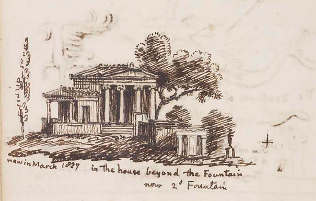 VI.8.23 Pompeii. New in March 1827. Drawing by Gell from house beyond the fountain, now 2nd Fountain.
See Gell, W. Sketchbook of Pompeii, c.1830.
See book from Van Der Poel Campanian Collection on Getty website http://hdl.handle.net/10020/2002m16b425
