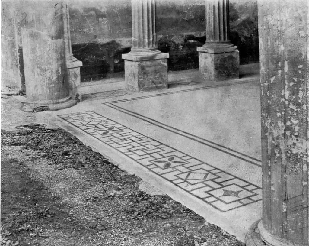 VI.9.2 Pompeii. c.1930. Room 24, looking north-east along threshold and mosaic flooring.
See Blake, M., (1930). The pavements of the Roman Buildings of the Republic and Early Empire. Rome, MAAR, 8, (p.100,120, & Pl. 32, tav.3).